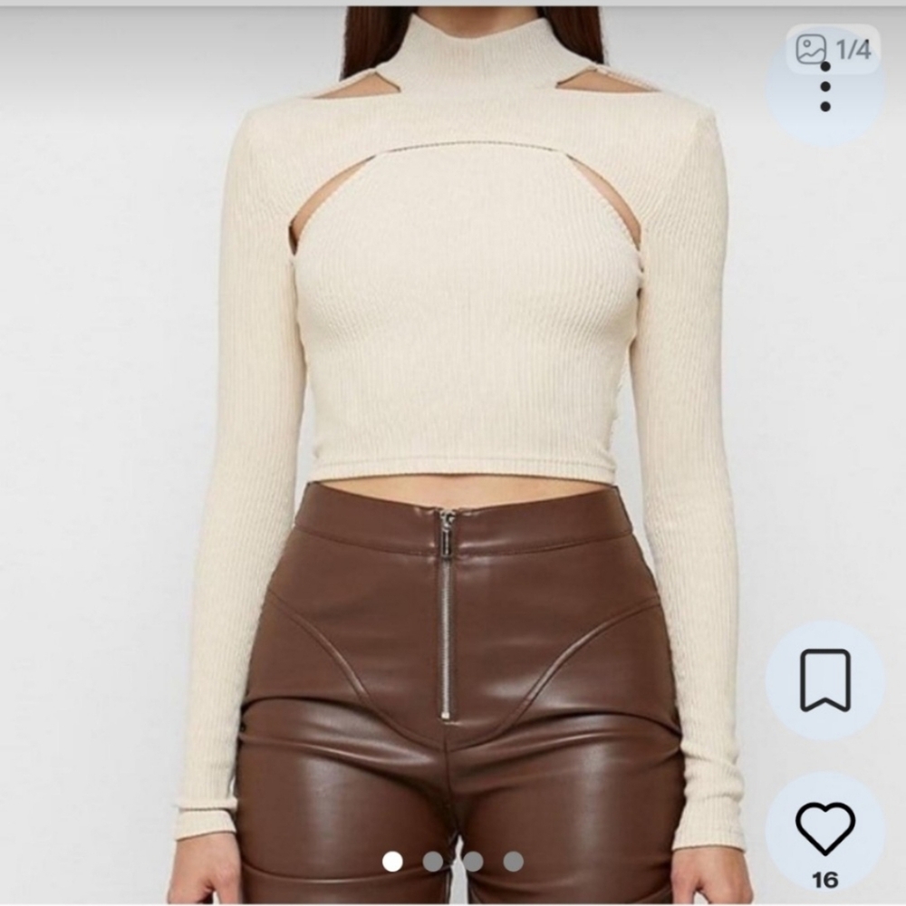 Women's Cream Cutout Ribbed Long-Sleeve Crop Top